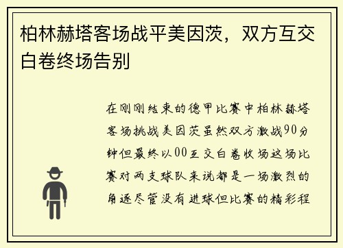 柏林赫塔客场战平美因茨，双方互交白卷终场告别